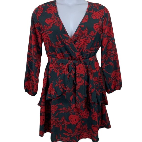 Huguest Sz Large Dress Floral Navy Blue Red Tie Waist V Neck Balloon Sleeves NEW - Picture 1 of 7